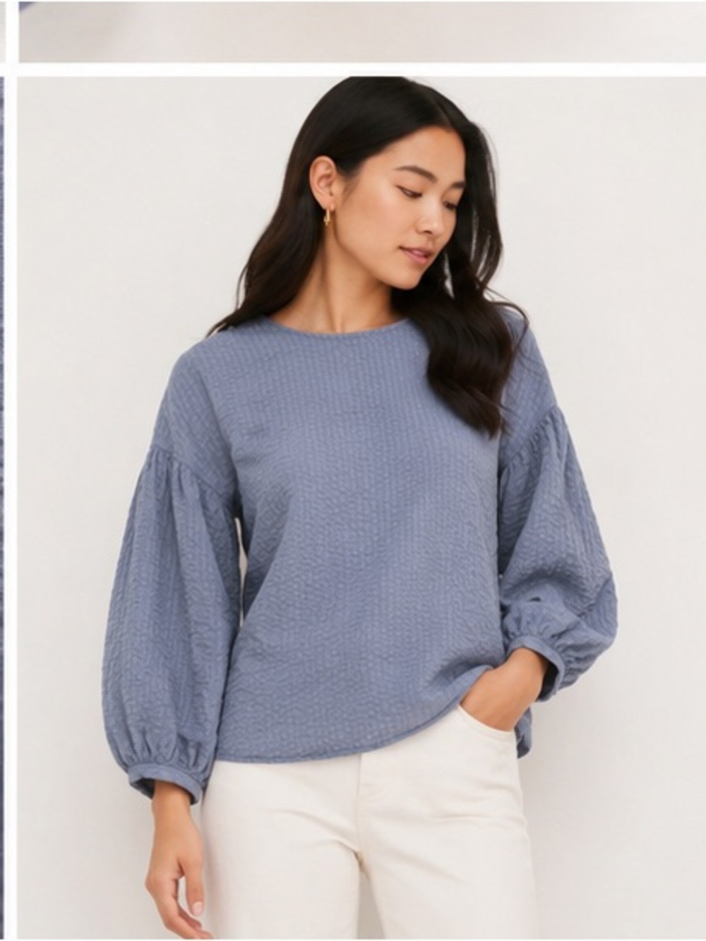 Club Monaco Textured Puff Sleeve Blouse Blue Gray Balloon Sleeve Top Small